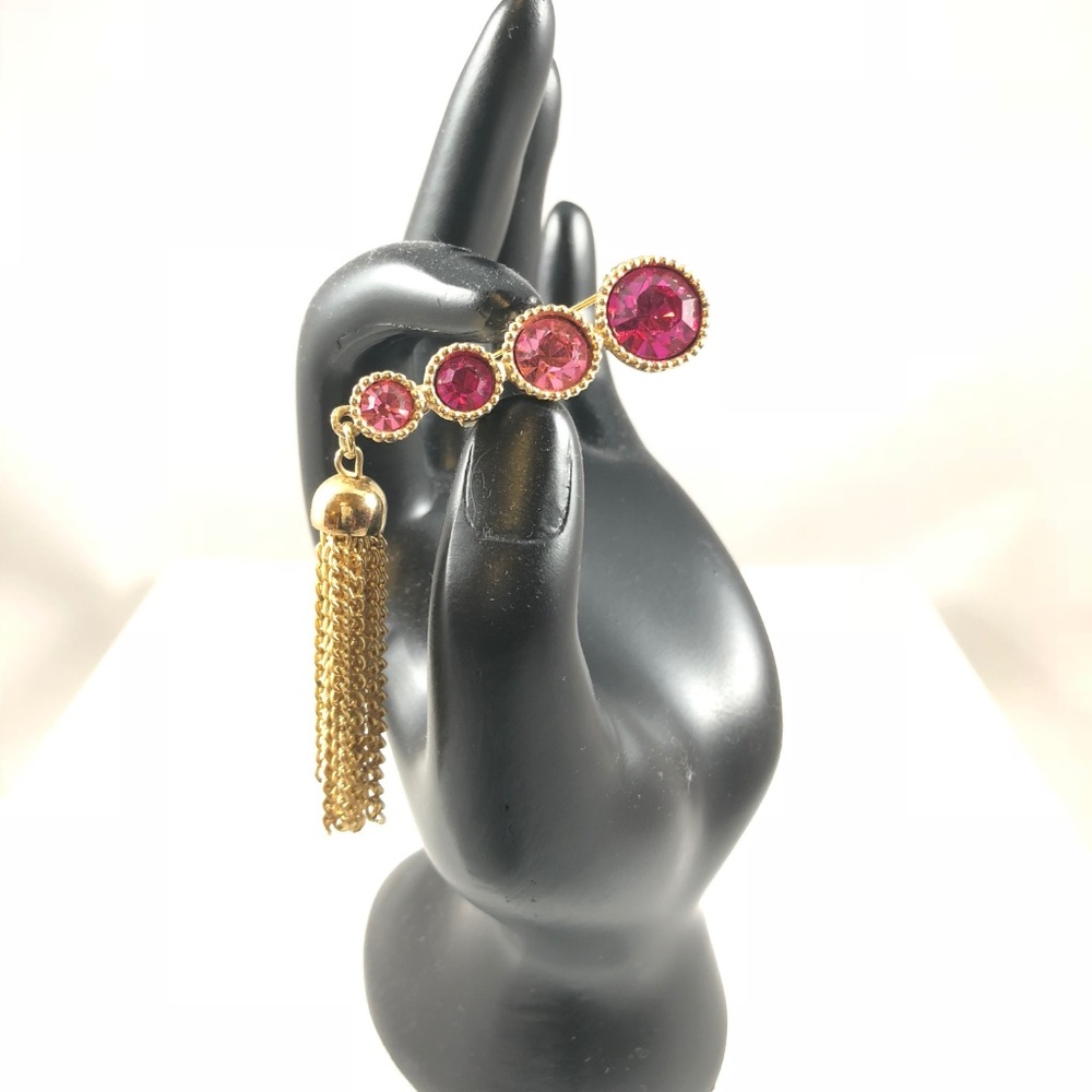 S. Coventry Pink Rhinestone Gold Tassel Bar Brooch